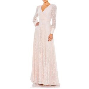 Mac Duggal Pink Metallic Lace Long Sleeve A-Line Gown Wedding Guest Dress size 6